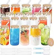 Drinking Glasses with Bamboo Lids and Glass Straw, Beer Can Glasses,16oz Iced Coffee Cups, Tumbler Clear Glass Cup Ideal for Cocktail, Whiskey, Tea, Cola, Juice,Soda- Gift Set (20Pack)