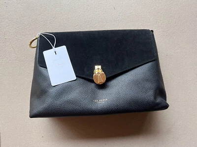 Ted Baker Handbag NWT Black Leather with Elegant Gold Fittings & Strap