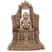 Antique Finish Brass Buddha Idol Seated On Ornament Throne Figurine Statue