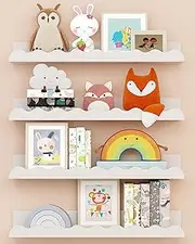Kids Nursery Bookshelves, 4 PCS White Floating Book Shelves, Picture Ledge Shelf for Wall Decor and Storage - Perfect for Books, Toys, Photo Frames, and Nursery Décor (White)（16.5 * 3.34 * 1.97''）