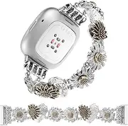 Stretchy Metal Bracelet Bands Compatible with Fitbit Versa 3/ Versa 4/ Sense/Sense 2 Bands, Women Fancy Elastic Sunflower Heart Dressy Stainless Replacement Wristband Strap Compatible with Fitbit Sense/Versa 3/Versa 4 Smartwatch