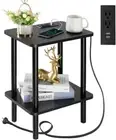 End Table with Charging Station, Black USB Side Table, Small Nightstand for Livi
