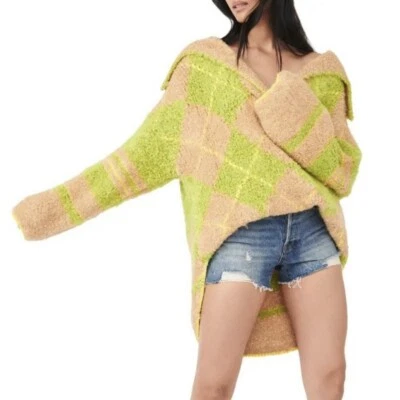Free People Sunshine To Follow Sweater Argyle Lemon Sugar Combo Sz M NWT $268