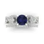 2 Round Cut Pear 3 stone Blue Sapphire Ring Band bridal Set 14k solid Gold