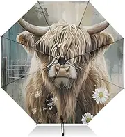 [PDZRMY] Highland Cow Daisy UV Protection Travel Umbrella Compact for Rain and Sun - Auto Open and Close UPF 50+ Windproof Portable 46” Sun Umbrella for Women and Men