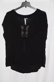 New NY Collection Black Women's Size XL Beaded Detailed Tie Front Blouse