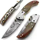 Damascus steel Folding Pocket Knife Engraved Lot 2 Risen Wood Handle with Sheath