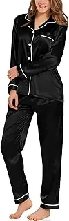 [SWOMOG] Womens Silk Satin Pajamas Long Sleeve Loungewear Two-Piece Sleepwear Button-Down Pj Set