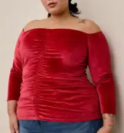 NEW Torrid 1 Red Velvet Shirred Front Off Shoulder Stretch Top, Size 1X 14 16