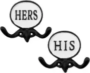 Cast Iron His/Hers Towel Hooks Set of 2, Black and White Rustic Farmhouse