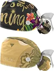 [WOSHJIUK] Working Hat 2 Pack Scrub Caps for Women,Botanical Tropical Colored Flowers,Tie Back Cap Adjustable Scrub Hat