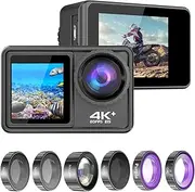 4K 2 P Dual Screen Sport Camera DV Camcorder 2.0 Inch Screen 170° Wide Angle EIS 40m WiFi with ro CPL ND4 8 16 Purple Lens for Sports Black One Size