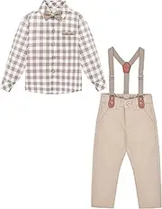 [Lilax] Boys Wedding Outfit, Toddler & Young Boys' Fashion Pant Set, Plaid Dress Shirt, Pants, Bowtie and Suspenders