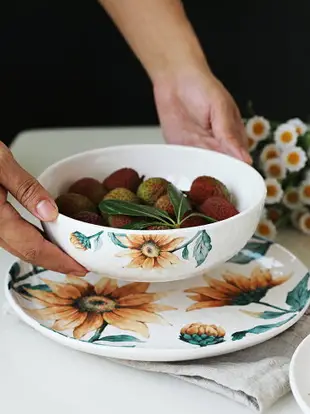 清倉特價 手繪向日葵陶瓷盤餐具套裝釉下彩家用菜盤子深盤長盤