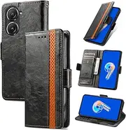 Solid Color Business Flip Cover Leather Protective Shell Compatible with Asus Zenfone 9 Zenfone 9 AI2202 B Anti-Fall Phone Case Non-Slip Stand Holder (Black,Asus Zenfone 9)