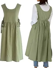 [losofar] Women Plus Size Cotton Linen Vintage Pleated Split Apron Pinafore Dress with Two Pockets