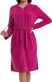 [Mnamo] Women's Bathrobe Hooded Zip Terry Cloth with Belt Soft Microfibre Long Sleeve Bathrobe Ideal for Home and Wellness