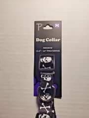 New Perri's Dog Collar Skull and Crossbones Size Medium Black & White Skeleton