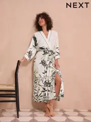 Black/White Heron Linen Blend Lightweight Dressing Gown (AN3684) | $90