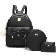 3 PCS Small Backpack for Women PU Leather Fashion Travel Daypack Rucksack with Shoulder Bag Purse-Black