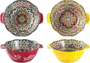 [Henten Home] Bohemia Ceramic Bowls with Handle, 39 oz Salad Bowls Set of 2, Porcelain Cereal Bowls, Floral Noodle Bowls Set for Kitchen, Ramen, Udon, Microwave & Dishwasher Safe