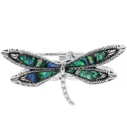 Dragonfly Bracelet Hinge Bangle Abalone Shell Metal SILVER Animal Wings Flower