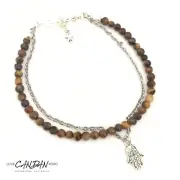 Multi Row Anklet Tigers Eye Gemstones Chain Hamsa Hand Clover Bohemian Gypsy