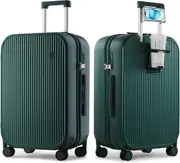 mixi Luggage with Cup Phone Holder Hard Shell Rolling Travel Suitcases with Spinner Wheels, Dark Green, 26-inch