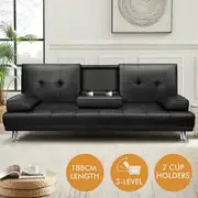 ALFORDSON Sofa Bed Lounge 3 Seater Futon Couch Cup Holder Leather Black