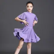 Girls Ballroom Dance Dress Short Flare Sleeve Latin Rumba Tango Dancewear