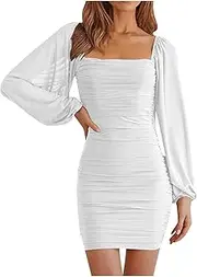 [bawilom] Womens Ruched Bodycon Dress Dressy Square Neck Lantern Long Sleeve Stretch Mesh Slim Fit Party Cocktail Mini Dresses