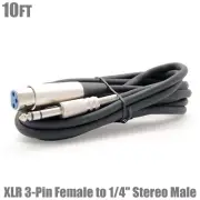 10FT XLR 3-Pin Female to 1/4" 6.35mm TRS Stereo Male Audio Mic Microphone Cable
