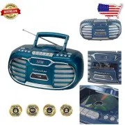 Retro Edge Bluetooth Boombox with CD/Cassette Player - Powerful Sound in Blue