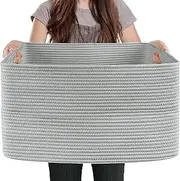 MEGASKET Extra Large Gray Storage Basket, 23.6" x 15.7" x 14.1" Rectangle Wicker Woven Baskets for Storage, Kids Toddlers Cotton Rope Toy Storage Organizer Box, Blankets Basket Bin for Living Room