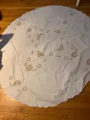 Vintage large round table cotton cloth 72” diameter hand embroidered white New
