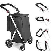 LEUYA ABC Grocery Trolley, 4-Wheel Aluminium Shopping Cart with Insulated Cooling Bag, Adjustable Handle, Folding (Black)