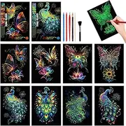 Set of 3 Scratch Pictures for Children 18.5 x 13.5 cm Magic Rainbow Scratch Paper Scratch Book Scratch Paper Set with Colourful Gradient and Scratch Pen, Butterfly, Peacock