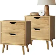 OIKITURE 2 Piece Bedside Table with 2 Drawers - Wooden Nightstand Cabinet with Storage, Modern End Table Bedside Table Furniture for Bedroom Living Room Garden Balcony, Natural