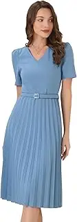 [Allegra K] Work Dresses for Women's V-Neck Short Sleeve Below Knee Belted A-Line Pleated Dress