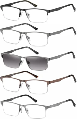 EYECEDAR 5-Pack Reading Glasses Men Metal Half Frame Spring Hinges Rectangular
