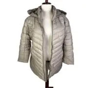 Spyder jacket women’s medium taupe puffer long hooded zip pockets lined
