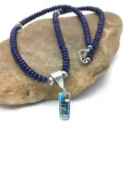 NAVAJO Sterling Silver Necklace Lapis Opal Pendant Set 22" 2907