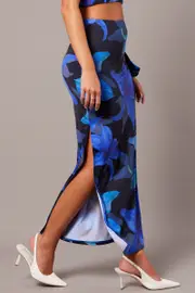 Blue Floral Maxi Skirt Tube Side Split Skirt - Size 12, Women's Maxi Skirt
