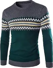 [Qolkmuiy-GJ] Men's Retro Argyle Casual Sweater Loose Crewneck Long Sleeve Pullover Spring Striped Knitted Sweaters