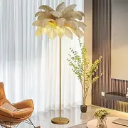 AZMANI Natural Ostrich Feather Floor Lamp,62.99 inch Tall Standing Lamp for Bedroom, Dimmable Feather Lamps for Bedrooms and Living Room with Foot Switch & G4-LED Bulb,Khaki,Large