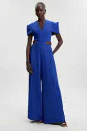 Soft Tailored Crepe Tab Detail Pleated Jumpsuit