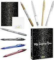 BIC My Surprise Box - Gift Set of 14 Writing Instruments, 4 Ballpoint Pens/5 Metallic Felt-tips/ 5 Gel Pens/1 Sticky Note Block and an A5 Note Pad - White, Assorted Colours