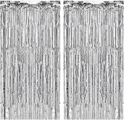 Haobase 2 Pack 3.28 Ft x 6.56 Ft Tinsel Foil Fringe Curtains, Metallic Foil Curtains Party Photo Backdrop for Wedding Birthday Party Baby Shower Graduation Decorations (Silver)