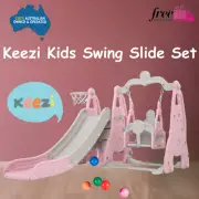 Kids Slide and Swing Set Indoor Outdoor Playground Basketball Hoop Pink