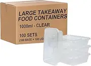 100 Pack Plastic Takeaway Food Containers Disposable with Lids 1000mL - Microwave, Freezer & Dishwasher Safe - Reusable & Stackable Meal Prep Containers - Clear, BPA-Free Food Containers for Storage
